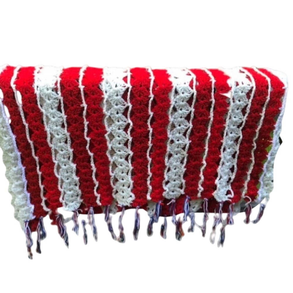 Handmade Crochet Afghan Blanket Red White Striped Shell Stitch Tassel Trim Throw